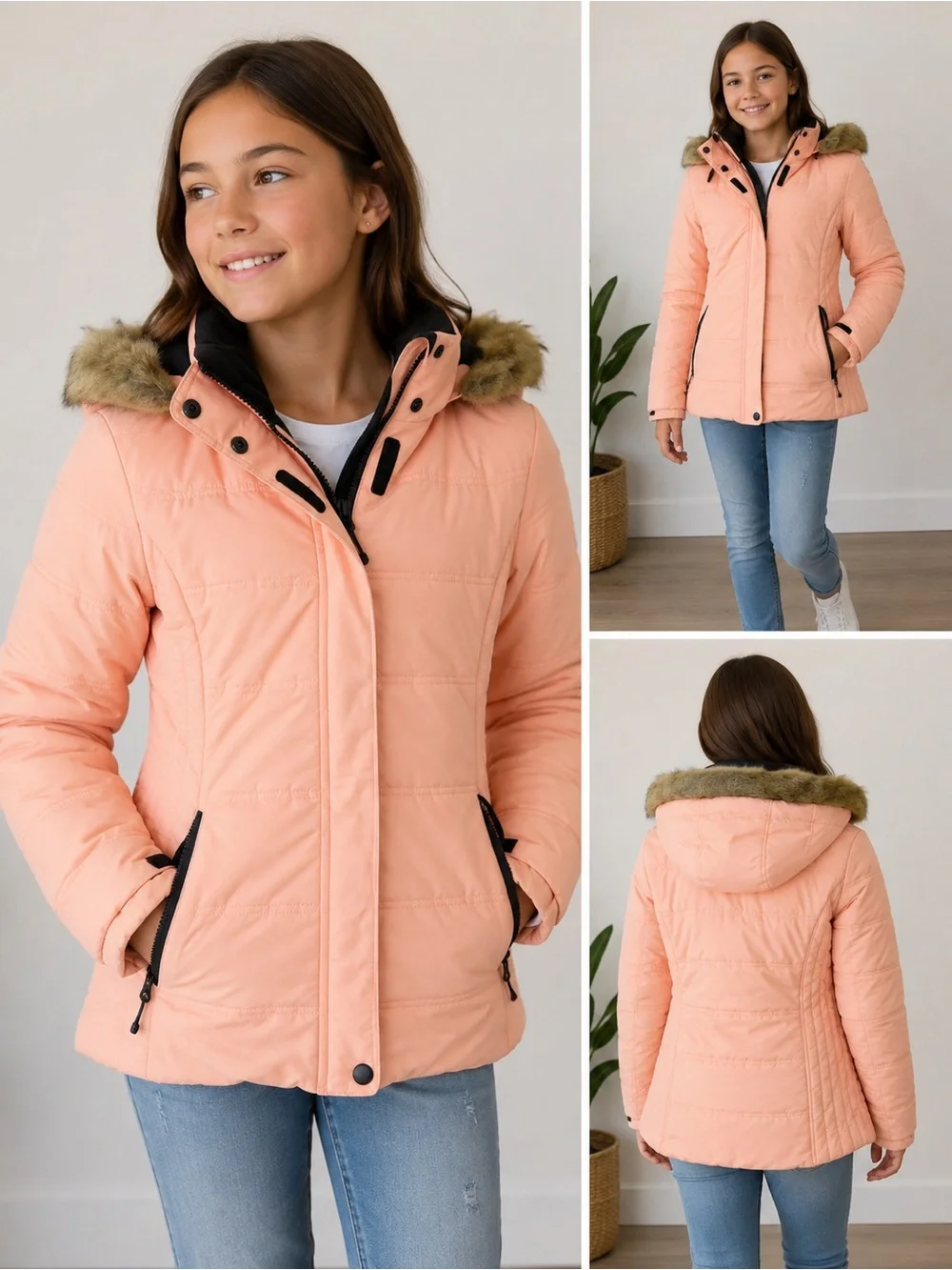 Girls' Peach Hooded Winter Coat with Faux-Fur Trim